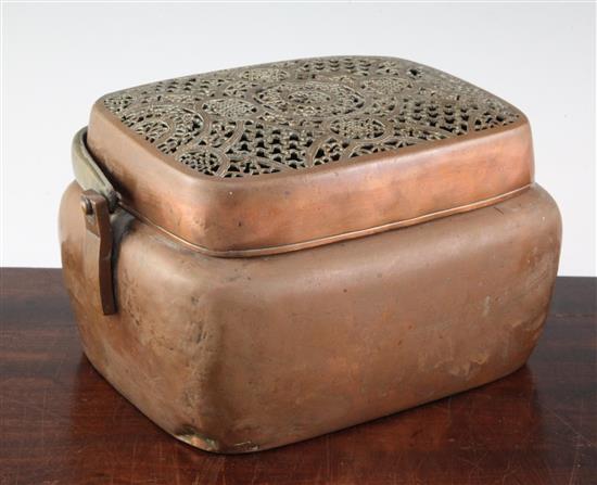 A large Chinese copper bronze hand warmer, 18th / 19th century, 24.5cm, small loss to pierce work